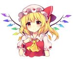  ascot blonde_hair eyebrows_visible_through_hair flandre_scarlet hand_on_own_chest hat hat_ribbon looking_at_viewer mob_cap puffy_short_sleeves puffy_sleeves red_eyes red_ribbon ribbon ruhika short_hair short_sleeves side_ponytail simple_background smile solo touhou upper_body white_background wings wrist_cuffs yellow_neckwear 
