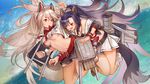  :d animal_ears arched_back azur_lane belt black_bikini_top black_skirt blue_hair blush braid breasts brown_footwear brown_hair clenched_hands closed_mouth cloud crop_top day dutch_angle fang high_ponytail large_breasts legs_up long_hair loose_socks machinery midriff multiple_girls navel off_shoulder ogyue open_mouth outdoors pleated_skirt ponytail red_belt red_eyes sailor_collar shigure_(azur_lane) skirt sky smile socks tail thick_eyebrows v-shaped_eyebrows very_long_hair water white_legwear white_skirt wrist_cuffs yuudachi_(azur_lane) 