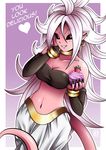  absurdres android_21 black_gloves black_sclera bracelet breasts bridal_gauntlets cleavage collar commentary cupcake dragon_ball dragon_ball_fighterz earrings elbow_gloves fang food fruit gloves hand_on_own_cheek harem_pants heart highres hoop_earrings jewelry light_blush long_hair looking_at_viewer majin_android_21 metal_collar midriff navel pants papermoon92 pink_skin pointy_ears red_eyes solo spiked_hair strawberry tail white_hair 