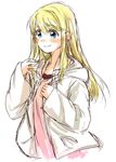 blonde_hair blue_eyes blush earrings eyebrows_visible_through_hair fullmetal_alchemist happy jacket jewelry long_hair looking_away pink_shirt shirt simple_background smile solo tsukuda0310 white_background white_jacket winry_rockbell 