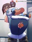  1boy 1girl anus areolae artist_name ass bent_over breasts brown_hair clothed_sex crotch_cutout disembodied_hands disembodied_penis eyes_closed hair_bun hair_ornament hairpin inkershike mei_(overwatch) nipples open_mouth overwatch pussy sex side_boob teeth torn_clothes vaginal web_address 