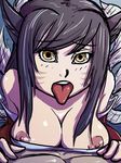  ahri_(lol) animal_humanoid big_breasts breasts digital_media_(artwork) eyelashes female fox_humanoid fur general-irrelevant hair humanoid inner_ear_fluff inviting league_of_legends long_hair nipple_slip nipples riot_games tongue tongue_out video_games 