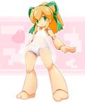  android barefoot blonde_hair camisole full_body green_eyes karukan_(monjya) long_hair no_pants open_mouth panties ponytail ribbon robot_joints rockman roll see-through solo underwear underwear_only white_camisole white_panties 
