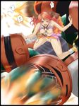  black_border border bottomless breasts censored final_fantasy final_fantasy_xiii green_eyes grinding hecatoncheir_(final_fantasy) medium_breasts motion_blur nipples oerba_dia_vanille one_eye_closed pussy_juice red_hair riding shirt_lift solo tamo_(tamokuteki_kuukan) twintails 