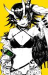  1girl armpits bangs bare_shoulders belt bra breasts choker commentary_request criss-cross_halter crossed_bangs earrings energy_drink fingernails greyscale hair_between_eyes halterneck hand_up highres horns jacket jewelry katana kumonji_aruto large_breasts looking_at_viewer monochrome monster_energy navel off_shoulder oni oni_horns open_clothes open_jacket open_mouth original panties pointy_ears short_hair simple_background sketch solo standing sword underwear weapon weapon_on_back yellow_background yellow_eyes 
