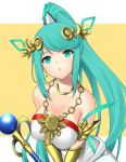  1girl bangs bare_shoulders blush breasts cosplay dolling60883582 dress eyebrows_visible_through_hair green_hair hair_ornament highres jewelry kid_icarus kid_icarus_uprising large_breasts long_hair looking_at_viewer nintendo palutena palutena_(cosplay) pneuma_(xenoblade_2) ponytail simple_background smile solo spoilers staff super_smash_bros. super_smash_bros._ultimate xenoblade_(series) xenoblade_2 