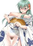  1girl aqua_hair blush breasts breasts_outside collarbone floral_print flower from_below green_eyes hair_between_eyes hair_flower hair_ornament hairclip japanese_clothes jewelry kantai_collection kimono large_breasts long_hair looking_at_viewer mikagami_sou obi open_clothes open_mouth pubic_hair pussy ring sash see-through simple_background solo suzuya_(kantai_collection) upper_body wedding_band wet white_background white_kimono wide_sleeves yellow_sash 