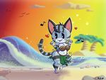  2018 animal_crossing anthro beach big_breasts blush breasts cat cleavage clothed clothing coconut_bra dancing digital_media_(artwork) feline female fur grass_skirt hair hi_res iamaneagle_(artist) lolly_(animal_crossing) mammal navel nintendo outside seaside smile solo stripes tongue video_games wide_hips 