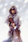  belt black_hair blurry cloak closed_mouth commentary die facial_hair glowing glowing_eye golden_kamuy gun hat holding holding_gun holding_weapon hood hood_up hooded_cloak looking_at_viewer male_focus military military_hat military_uniform outdoors peaked_cap rifle snow snowing solo trigger_discipline tsukishima uniform weapon 