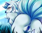  2018 alolan_ninetales anthro blue_eyes blush breasts butt digital_media_(artwork) female fur inuki looking_back multi_tail nintendo nipples nude pok&eacute;mon pok&eacute;mon_(species) pok&eacute;morph pussy regional_variant solo video_games white_fur 