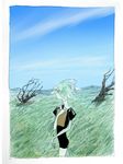  androgynous blue_sky clipboard day gem_uniform_(houseki_no_kuni) grass green_hair houseki_no_kuni landscape necktie pencil phosphophyllite scenery short_hair sky solo toooka tree 