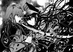  1girl bangs cape closed_mouth eyebrows_visible_through_hair fate/grand_order fate_(series) flower greyscale hair_between_eyes hat highres holding holding_sword holding_weapon jacket katana long_hair long_sleeves looking_at_another low_twintails monochrome oda_nobukatsu_(fate/grand_order) oda_nobunaga_(fate) peaked_cap rioka_(southern_blue_sky) rose sword twintails weapon 