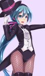  :d aqua_hair black_hat black_legwear blue_eyes brown_legwear coattails fishnet_pantyhose fishnets formal gloves hat hatsune_miku long_hair looking_at_viewer miracle_paint_(vocaloid) open_mouth pantyhose ponytail project_diva project_diva_(series) shimo_(depthbomb) smile solo standing suit thighhighs vest vocaloid white_gloves 