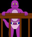  barney crib cub cute diaper dinosaur inflatable purple_skin smile theropod tyrannosaurus_rex unknown_artist young 