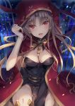  1girl adjusting_hood asymmetrical_legwear asymmetrical_sleeves bangs between_breasts black_cape black_legwear blonde_hair blush bow breasts buckle cape cleavage detached_collar earrings ereshkigal_(fate/grand_order) eyebrows_visible_through_hair fate/grand_order fate_(series) fur-trimmed_cape fur_trim gluteal_fold hair_ribbon highres hinot hood hood_up hooded_cape infinity jewelry long_hair looking_at_viewer medium_breasts multicolored multicolored_cape multicolored_clothes necklace open_mouth parted_bangs red_cape red_eyes red_ribbon ribbon single_sleeve single_thighhigh skull smile solo spine thighhighs tiara two_side_up yellow_cape 