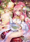  apple_caramel breasts cherry_blossoms cleavage company_name copyright_name flower gyakushuu_no_fantasica hair_flower hair_ornament leaf long_hair official_art petals pink_hair ponytail sitting solo sparkle yellow_eyes 