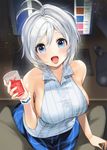  :d blue_eyes blush breasts commentary_request computer cup dennou_shoujo_youtuber_shiro drinking_glass happy indoors keyboard large_breasts looking_at_viewer mouse mousepad_(object) ogino_atsuki open_mouth shiro_(dennou_shoujo_youtuber_shiro) short_hair sideboob skirt smile table virtual_youtuber white_hair 