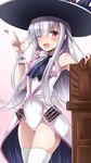  ;d blush character_request copyright_request hat heart index_finger_raised leotard long_hair looking_at_viewer one_eye_closed open_mouth pink_eyes shimo_(depthbomb) smile solo standing thighhighs white_hair white_legwear witch_hat wrist_cuffs 