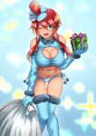  1girl ;d adapted_costume bare_shoulders blue_eyes blue_gloves blue_legwear blue_panties blush box breasts christmas cleavage creatures_(company) crop_top elbow_gloves fur_trim fuuro_(pokemon) game_freak gift gift_box gloves gym_leader hair_between_eyes hair_ornament highres knees_together_feet_apart large_breasts leaning_forward looking_at_viewer navel nintendo one_eye_closed open_mouth panties pokemon pokemon_(game) pokemon_bw red_hair sack santa_costume shirt short_hair_with_long_locks side-tie_panties sidelocks sleeveless sleeveless_shirt smile solo stomach takecha underwear 