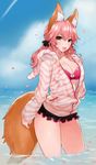  :d animal_ear_fluff animal_ears bikini blush breasts cleavage cloud day eyebrows_visible_through_hair fang fate/extra fate/extra_ccc fate_(series) fox_ears fox_tail hood hoodie large_breasts long_hair looking_at_viewer miyako_(xxxbibit) open_mouth outdoors pink_hair revision smile solo swimsuit tail tamamo_(fate)_(all) tamamo_no_mae_(fate) water yellow_eyes zipper 