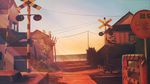  banishment blue_sky commentary_request highres house light_rays no_humans original power_lines railing railroad_crossing railroad_tracks road_sign scenery sign sky sunset telephone_pole tree 
