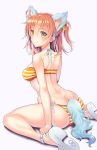  1girl ass back bangs bikini blush breasts brilliant_summer butt_crack fate/grand_order fate_(series) from_behind fujimaru_ritsuka_(female) full_body hair_between_eyes hair_ornament hair_scrunchie kiryuu_mina looking_at_viewer looking_back medium_breasts medium_hair one_side_up orange_bikini orange_hair orange_scrunchie sandals scrunchie side-tie_bikini sitting solo striped striped_bikini sweatdrop swimsuit wariza white_footwear 