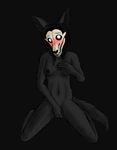  anthro black_fur black_hair black_sclera blush breasts canine covering covering_self dread-fox female fur hair kneeling mammal monster nipples scp-1471 scp_foundation shy simple_background skull solo white_pupils 