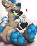  &lt;3 2016 3_toes 4_fingers 4_toes animate_inanimate anthro black_fur black_nose black_pawpads blue_claws blue_fur blue_pawpads blue_tongue blush brekwolf canine claws digital_drawing_(artwork) digital_media_(artwork) duo feet fur green_hair hair hi_res hindpaw kaomoroart living_plush luuwaku male mammal multicolored_fur multicolored_tail nude pawpads paws plushie simple_background smile striped_fur striped_tail stripes tan_fur toe_claws toes tongue tongue_out transformation white_fur wolf 