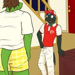  alligator anthro baseball_cap better_version_at_source boxers_(clothing) building bulge clothing crocodilian delivery fuze hat hi_res house male night pants reptile scalie snake sofa stairs story story_in_description underwear undressing uniform window 