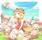  alternate_color bangs blonde_hair blue_eyes blush day eyebrows_visible_through_hair fuwasn1545 gen_7_pokemon highres long_hair mizuki_(pokemon) open_mouth pokemon pokemon_(creature) pokemon_(game) pokemon_usum rowlet shiny_pokemon sky smile 