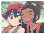  agata_(agatha) black_hair blue_shirt blue_sky bucket_hat close-up dark_skin dark_skinned_male green_hair hair_ornament hairclip hat hau_(pokemon) male_focus multiple_boys pokemon pokemon_(game) pokemon_usum shirt sky smile tank_top topknot you_(pokemon) 