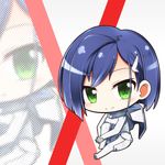  bangs blue_hair blush bodysuit breasts chibi closed_mouth commentary_request darling_in_the_franxx eyebrows_visible_through_hair green_eyes hair_ornament ichigo_(darling_in_the_franxx) looking_at_viewer medium_breasts pilot_suit shachoo. short_hair sitting smile solo white_bodysuit zoom_layer 