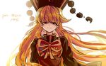  artist_name asuku_(69-1-31) bangs beads black_dress black_hat blush chinese_clothes closed_mouth crescent dress ear_blush eyebrows eyebrows_visible_through_hair hat junko_(touhou) long_hair long_sleeves looking_at_viewer orange_hair pixiv_id red_eyes ribbon sash smile solo tabard tassel touhou turtleneck upper_body very_long_hair wind wind_lift yellow_ribbon 