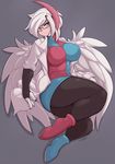  2018 android_21 anthro big_breasts blue_eyes breasts clothed clothing conditional_dnp cosplay dotted_background dragon_ball_fighterz eyewear feathered_wings feathers female glasses hair hi_res huge_breasts looking_at_viewer mega_absol mega_evolution nintendo pattern_background pok&eacute;mon pok&eacute;mon_(species) shiny_pok&eacute;mon shyama simple_background solo video_games white_feathers white_hair wings wyntersun 