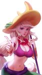  alternate_costume armband banana bracelet breasts cleavage cowboy_shot food fruit hat highres jewelry kezi league_of_legends long_hair looking_at_viewer low-tied_long_hair medium_breasts midriff navel necklace order_of_the_banana_soraka parted_lips pointy_ears ponytail purple_eyes purple_skin solo soraka staff sun_hat very_long_hair white_hair 