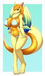  anthro big_breasts bikini blue_eyes blush breasts clothing digital_media_(artwork) dragon female flammie fur furred_dragon hair huge_breasts looking_at_viewer mana_(series) mana_dragon orange_hair orange_scales pose_solo scales secret_of_mana simple_background smile sona_arkray square_enix swimsuit tailzkim video_games yellow_furr 