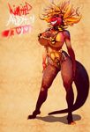  anthro big_breasts bikini breasts clothing copycatz_(artist) dinosaur female hair smile solo standing swimsuit voluptuous wide_hips 