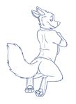  3_toes anthro arched_back bottomless butt canine cheek_tuft clothed clothing disney dress_shirt ears_back elbow_tufts featureless_crotch fox full-length_portrait greyscale half-closed_eyes hindpaw knee_tuft kneeling looking_at_viewer looking_back male mammal monochrome neck_tuft necktie nick_wilde paws portrait rotten_robbie shirt simple_background solo toes tuft undressing white_background zootopia 