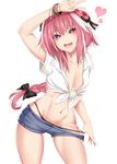  :d absurdres arm_up astolfo_(fate) bangs black_bow black_panties black_ribbon blue_shorts blush bow bracelet braid calligraphy_brush_(medium) chest collarbone collared_shirt commentary contrapposto cowboy_shot denim denim_shorts eyebrows_visible_through_hair fang fate/grand_order fate_(series) floating_hair flower graphite_(medium) groin hair_between_eyes hair_bow hair_flower hair_ornament hair_ribbon half-closed_eyes heart heart-shaped_pupils hibiscus highres jewelry kana616 long_hair looking_at_viewer male_focus midriff multicolored_hair navel open_mouth otoko_no_ko panties panty_pull pectorals pink_hair purple_eyes red_flower ribbon shiny shiny_hair shirt short_shorts short_sleeves shorts signature simple_background single_braid skindentation smile solo spanish_commentary standing stomach streaked_hair symbol-shaped_pupils tied_shirt traditional_media underwear v very_long_hair white_background white_hair white_shirt 