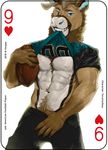  2018 abs american_football anthro antlers ball card cervine clothed clothing digital_media_(artwork) english_text fonyaa football_(ball) fur holding_object horn looking_at_viewer male mammal muscular muscular_male pecs playing_card reindeer shirt simple_background smile solo sport standing teeth text 