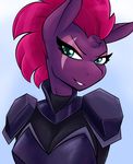  2018 absurd_res ambris anthro blue_eyes broken_horn bust_portrait equine female fizzlepop_berrytwist_(mlp) hair hi_res horn looking_at_viewer mammal my_little_pony my_little_pony_the_movie pink_hair portrait scar smile solo tempest_shadow_(mlp) unicorn 