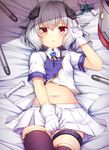  :c agekichi_(heart_shape) ass_visible_through_thighs asymmetrical_legwear azur_lane bangs bed_sheet black_legwear blue_bow bone bow breasts brooch bulldog_(azur_lane) closed_mouth collared_shirt commentary_request covering covering_crotch cowboy_shot double-breasted eyebrows_visible_through_hair from_above gloves gold_trim grey_hair hair_between_eyes hair_flaps hand_up headgear jewelry looking_at_viewer lying machinery midriff miniskirt navel on_back partially_unbuttoned pleated_skirt red_eyes shade shiny shiny_hair shirt short_hair short_sleeves skirt skirt_tug small_breasts solo stomach thigh_gap thigh_strap thighhighs torpedo white_gloves white_shirt white_skirt 