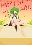  absurdres alternate_costume bangs bare_shoulders barefoot black_dress breasts choumi_wuti_(xueye_fanmang_zhong) collarbone commentary confetti crossed_legs dress girls_frontline green_hair hair_between_eyes halter_dress halterneck hand_up happy_new_year highres long_hair looking_at_viewer m950a_(girls_frontline) medium_breasts new_year open_mouth sidelocks sitting smile soles solo thighs twintails yellow_eyes 