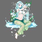  apt aqua_hair bare_shoulders barefoot blue_hair breasts circlet covered_nipples flower full_body grey_background gyakushuu_no_fantasica leaf long_hair midriff navel official_art open_mouth simple_background sitting solo water 