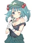  ;) aqua_eyes aqua_hair bangs bare_shoulders blush breasts cleavage closed_mouth clothes_around_waist collarbone eyebrows_visible_through_hair gloves green_hat hair_bobbles hair_ornament hat holding jumpsuit kawashiro_nitori looking_at_viewer one_eye_closed paragasu_(parags112) peaked_cap short_hair simple_background sleeveless small_breasts smile solo strap_slip touhou twintails two_side_up upper_body white_background white_gloves wrench 