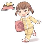  :d aaaa bangs blush brown_eyes brown_hair cat eyebrows_visible_through_hair food fruit full_body hair_bobbles hair_ornament highres kotatsu long_sleeves mandarin_orange open_mouth original outstretched_arm pants pink_footwear polka_dot polka_dot_pajamas polka_dot_pants polka_dot_shirt shirt short_hair short_twintails slippers smile solo standing standing_on_one_leg table twintails white_background yellow_pajamas yellow_pants yellow_shirt yes yes-no_pillow 