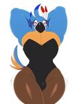  2018 amber_eyes anthro avian blue_feathers blush breath_of_the_wild bulge digital_media_(artwork) feathers kass_(zelda) looking_at_viewer male nintendo playboy_bunny rito simple_background solo sssonic2 the_legend_of_zelda thick_thighs video_games white_background 
