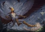  2018 anthro avian beak bird day detailed_background digital_media_(artwork) dragon eva_(ozawk) feathered_wings feathers hybrid latex_(artist) nude outside red_eyes smile solo wings 