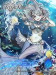  artist_name blue_eyes bracelet breasts bubble cleavage company_name copyright_name coral earrings fish flower grey_hair gyakushuu_no_fantasica hair_flower hair_ornament honnou_(kjs9504) jellyfish jewelry long_hair midriff navel official_art open_mouth solo sparkle teeth underwater 