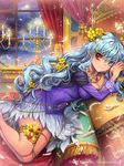  bad_id bad_pixiv_id blue_eyes blue_hair breasts candle cleavage company_name covered_navel curtains ells feathers fire gyakushuu_no_fantasica hair_ornament heterochromia jewelry long_hair necklace official_art pillow red_eyes solo sparkle window 